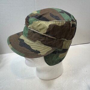 VTG US Army Military Cold Weather Patrol Ear Flap Cap Woodland Camo Pattern